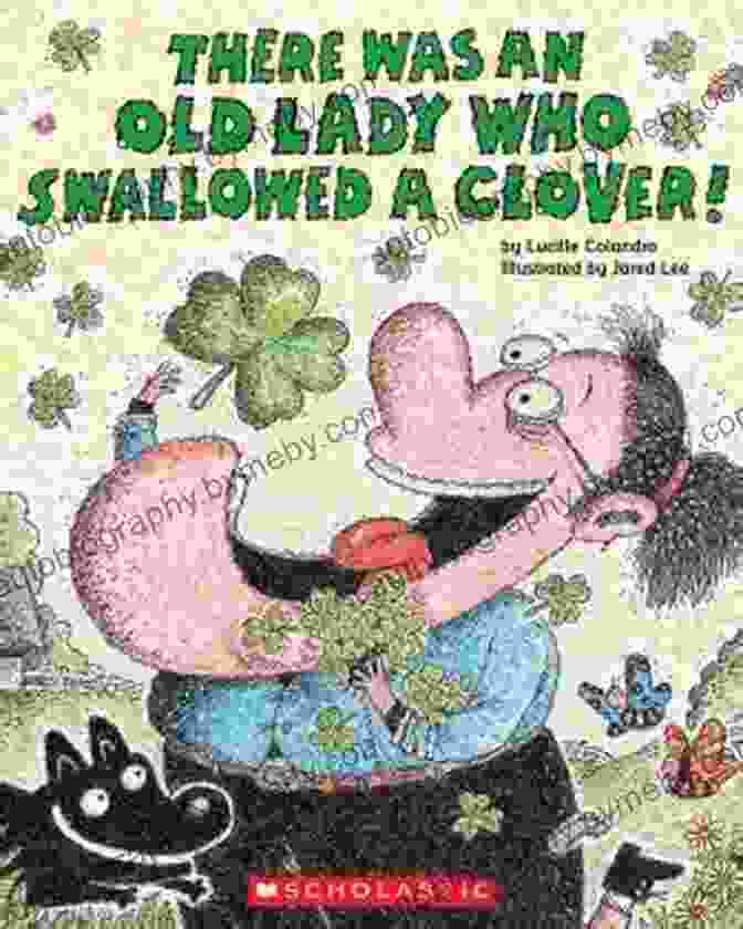 A Playful Illustration Of An Old Lady Swallowing A Clover On A Vibrant Green Background There Was An Old Lady Who Swallowed A Clover