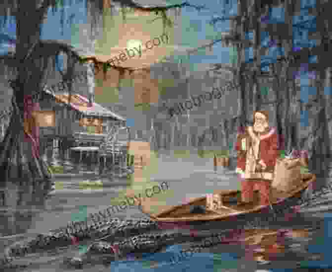 Santa Claus In A Boat On A Misty Bayou, Surrounded By Alligators And Twinkling Christmas Lights Santa S Trip To The Bayou